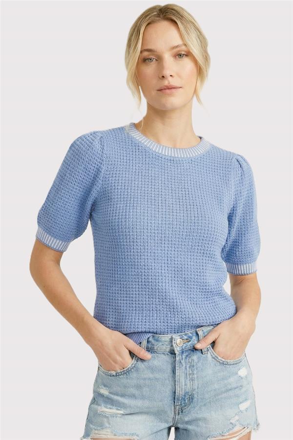 Waffle Textured Short Sleeve Sweater Chambray