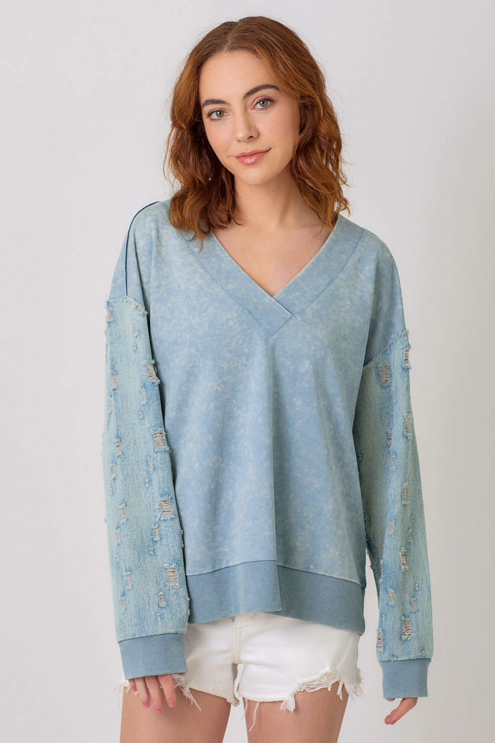 Denim Distressed Sleeve Mix Media Pullover Washed Denim Blue