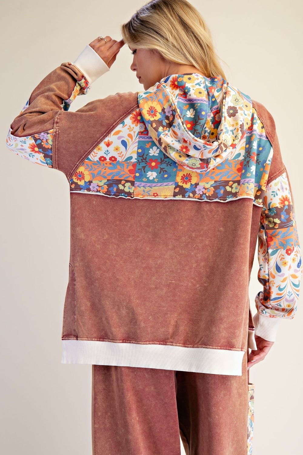 Mixed Floral Print Terry Hoodie Brick