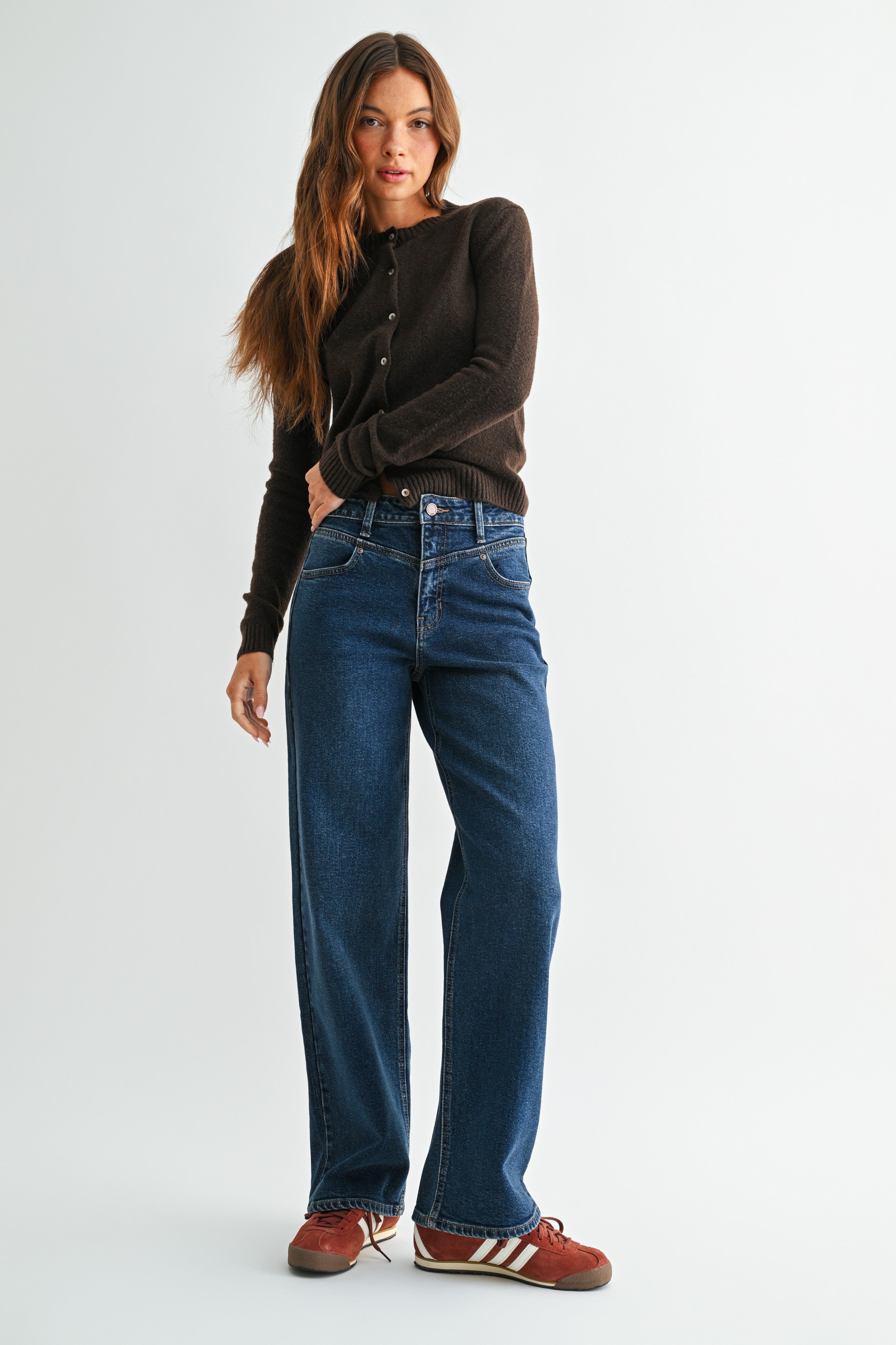 Clean Hem Angled Seam Waist Detail Jeans Dark Denim