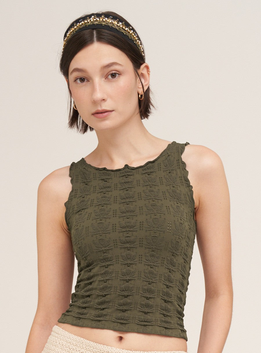 Floral Texture Ruffle Edge Tank Earth Olive