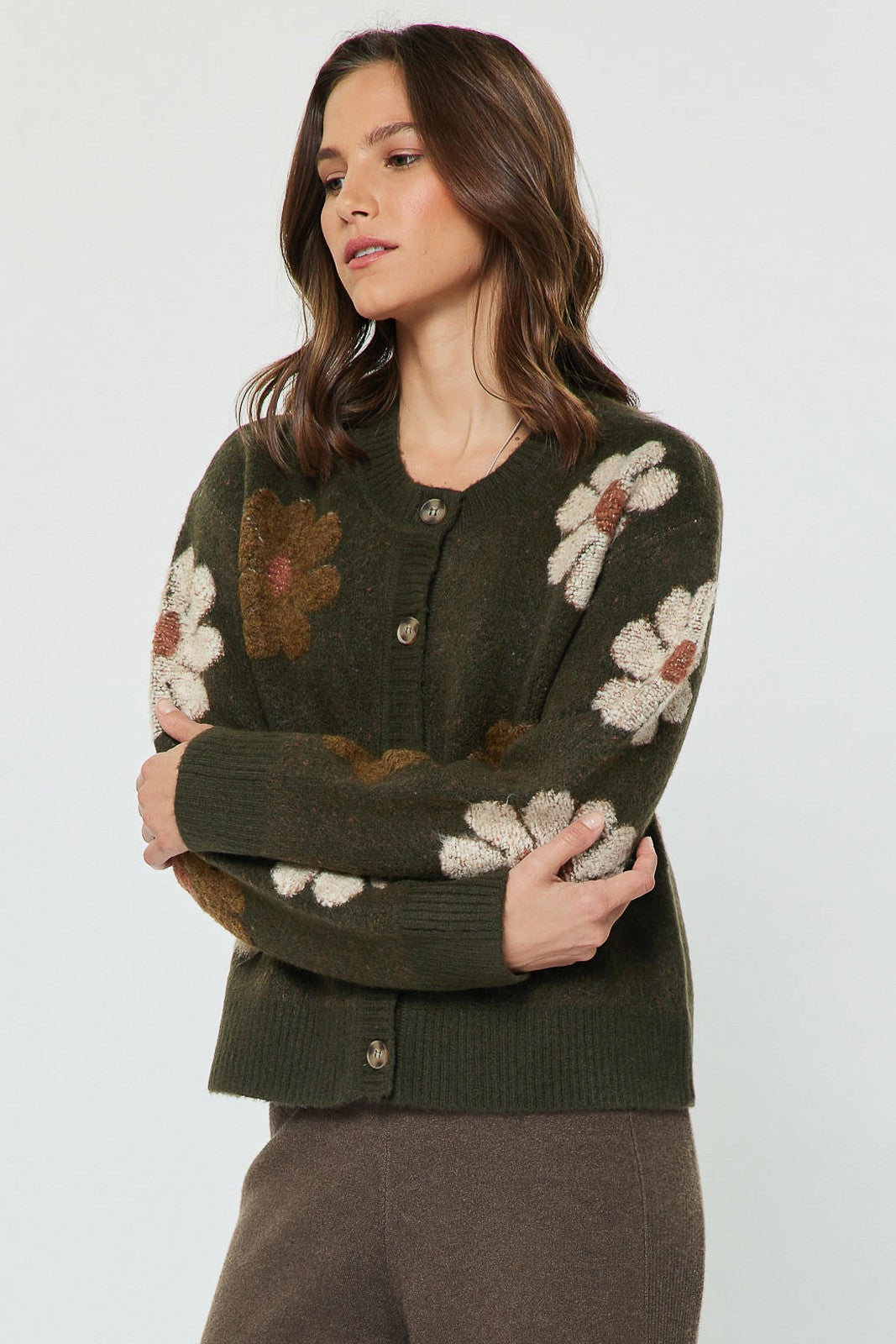 Textured Daisy Floral Buttoned Cardigan Khaki
