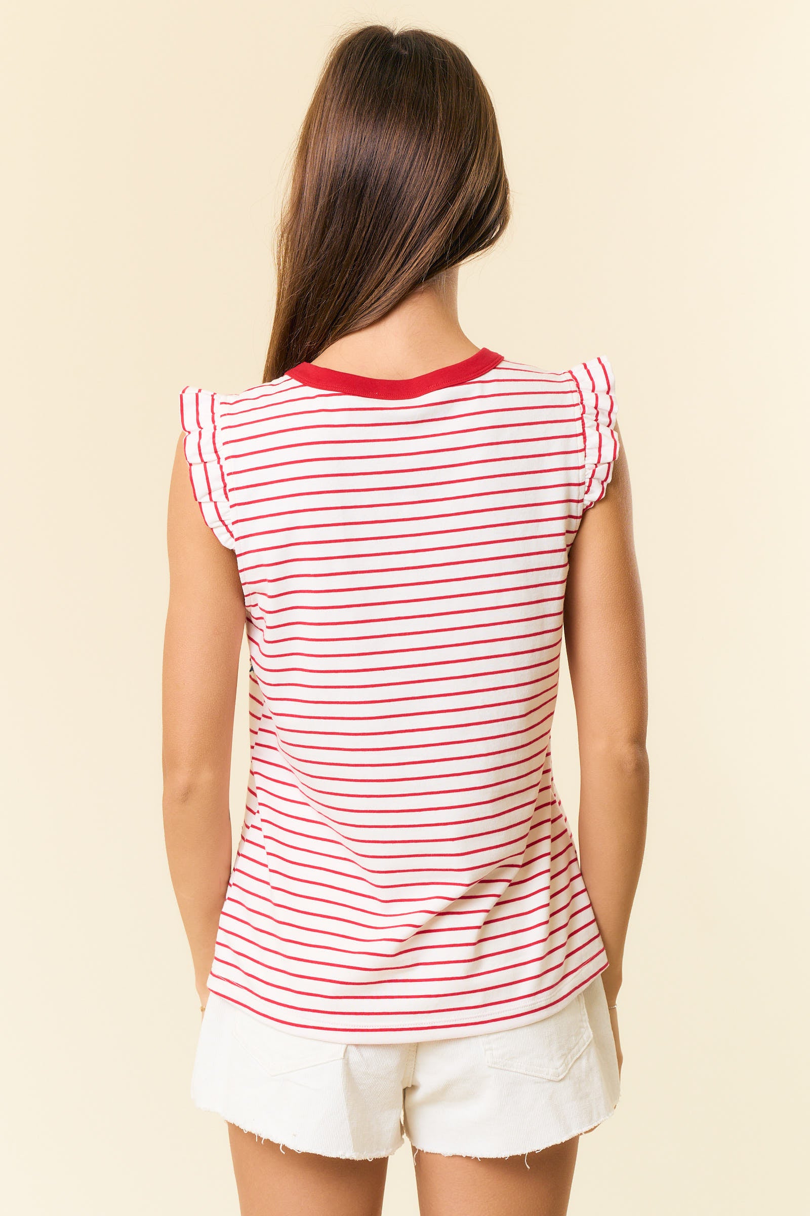 Sleeveless Ruffle Star Emb. Stripe Top Off White + Red