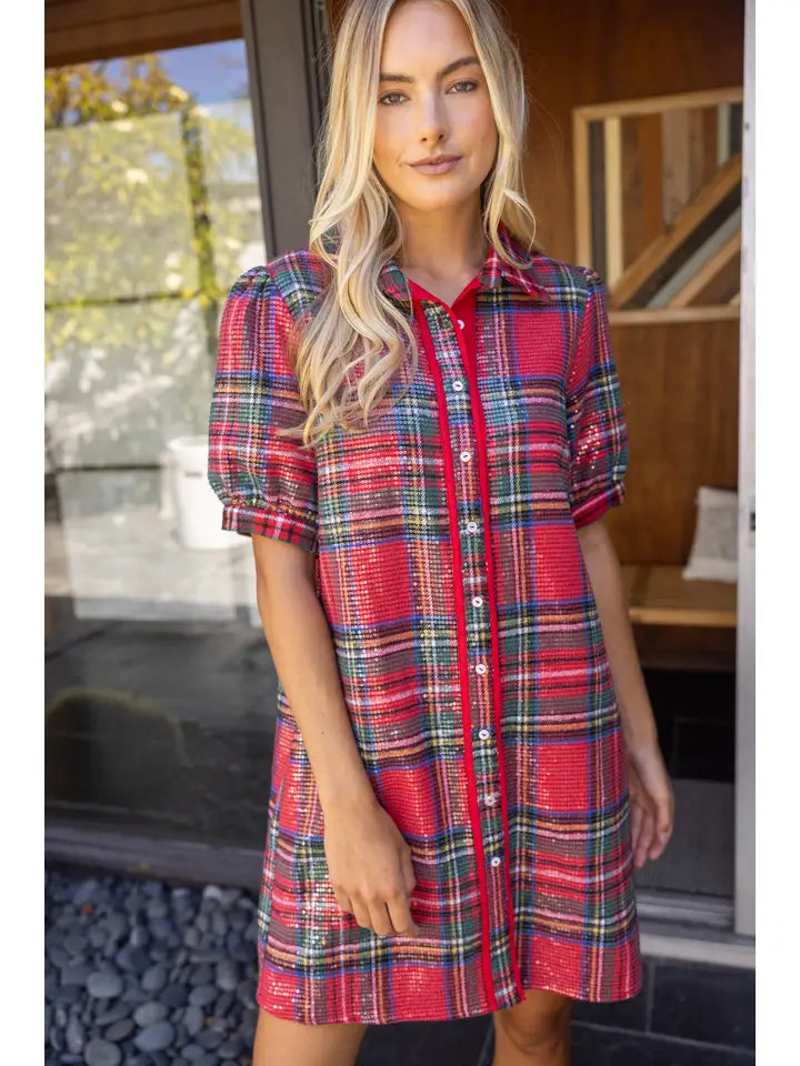 Tartan Plaid Sequin Puff Sleeve Dress