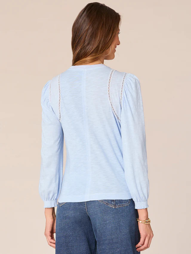Crochet Shoulder Stripes Long Sleeve Top High Sky Blue