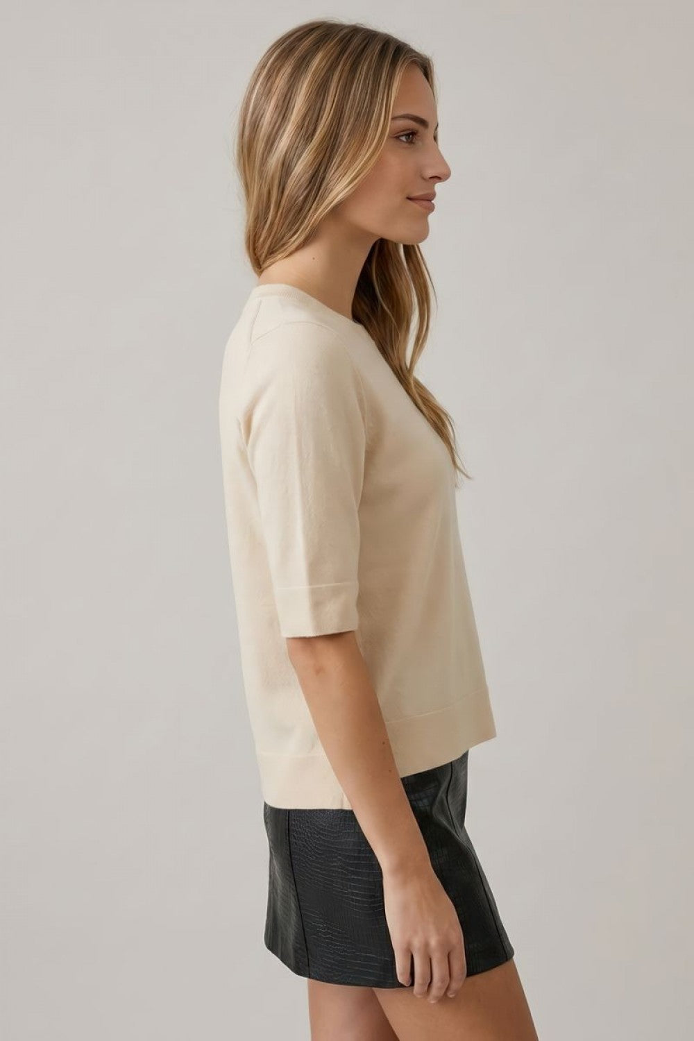 Short Sleeve Sweater Knit Top Cream