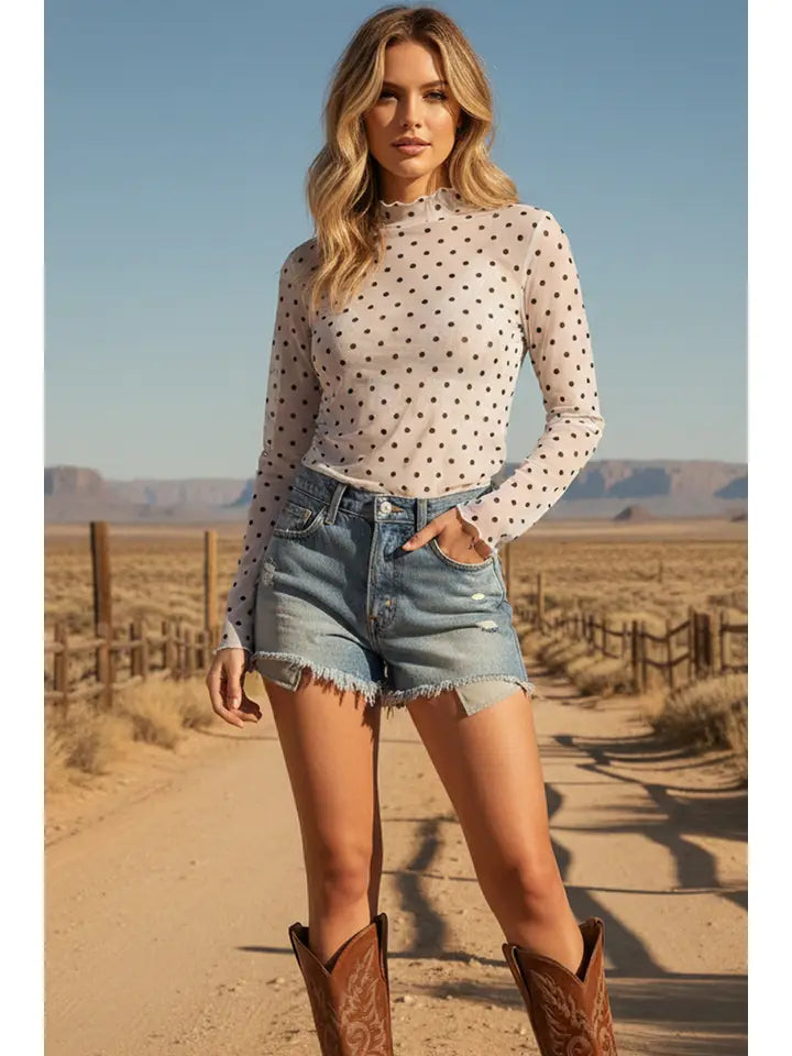 Polka Dot Mesh Long Sleeve Top White