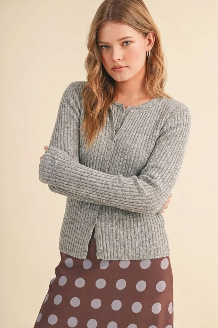 Two Fer Layered Button Cardi Top Heather Grey