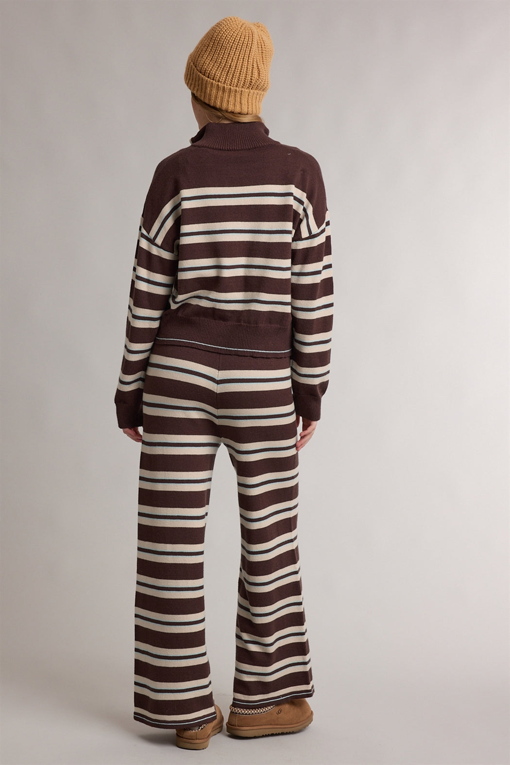Striped Zip Up Sweater & Pants Set Chocolate Multi