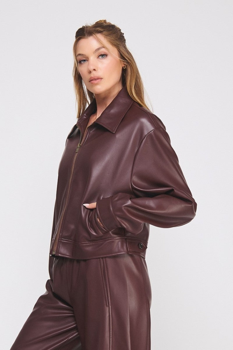 Soft Leather Zip Collared Jacket Wine
