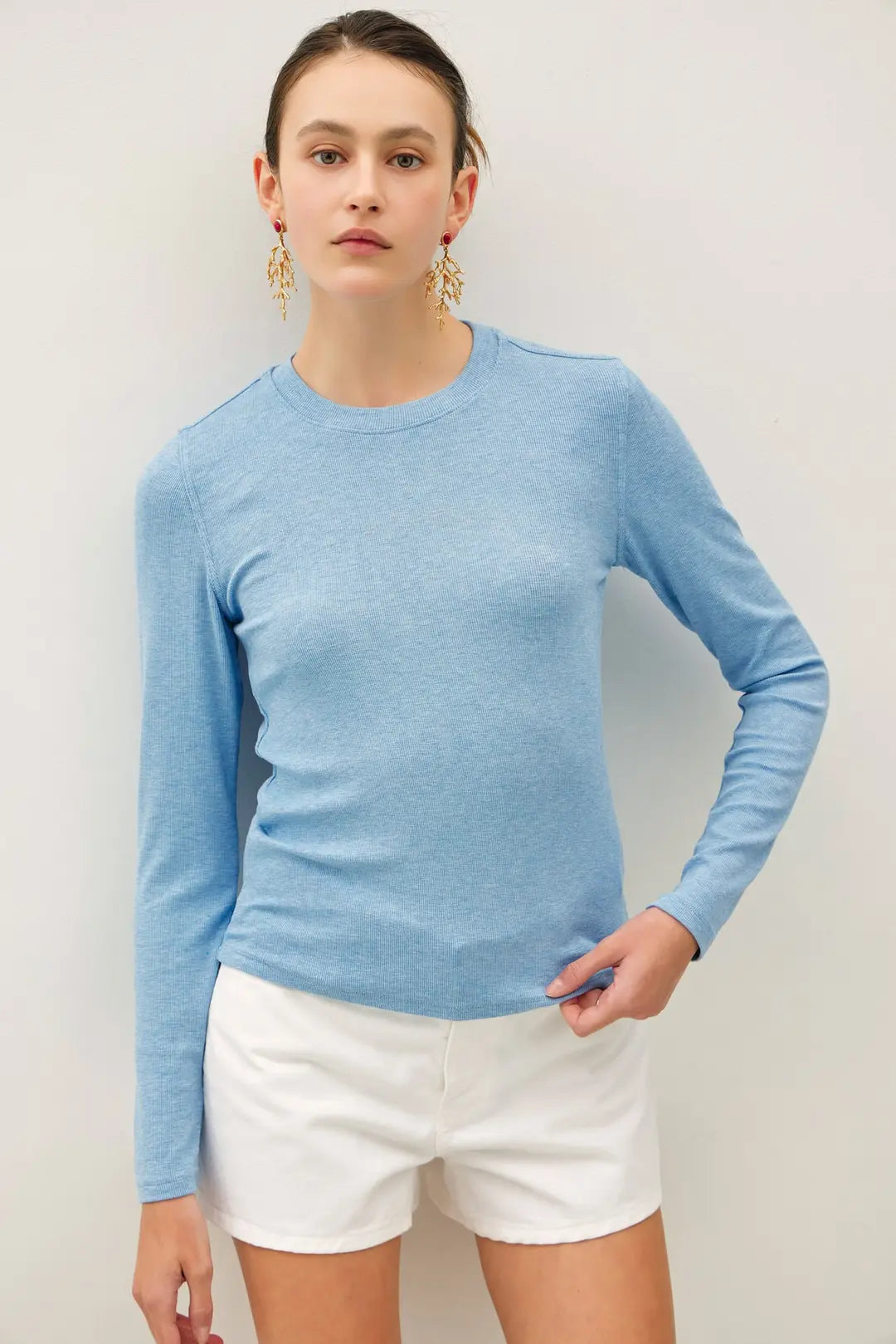 Ribbed Crew Neck Long Sleeve Basic Top Marina
