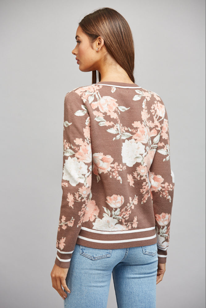 Vintage Floral Jacquard Stripe Hem Sweater Brown Multi