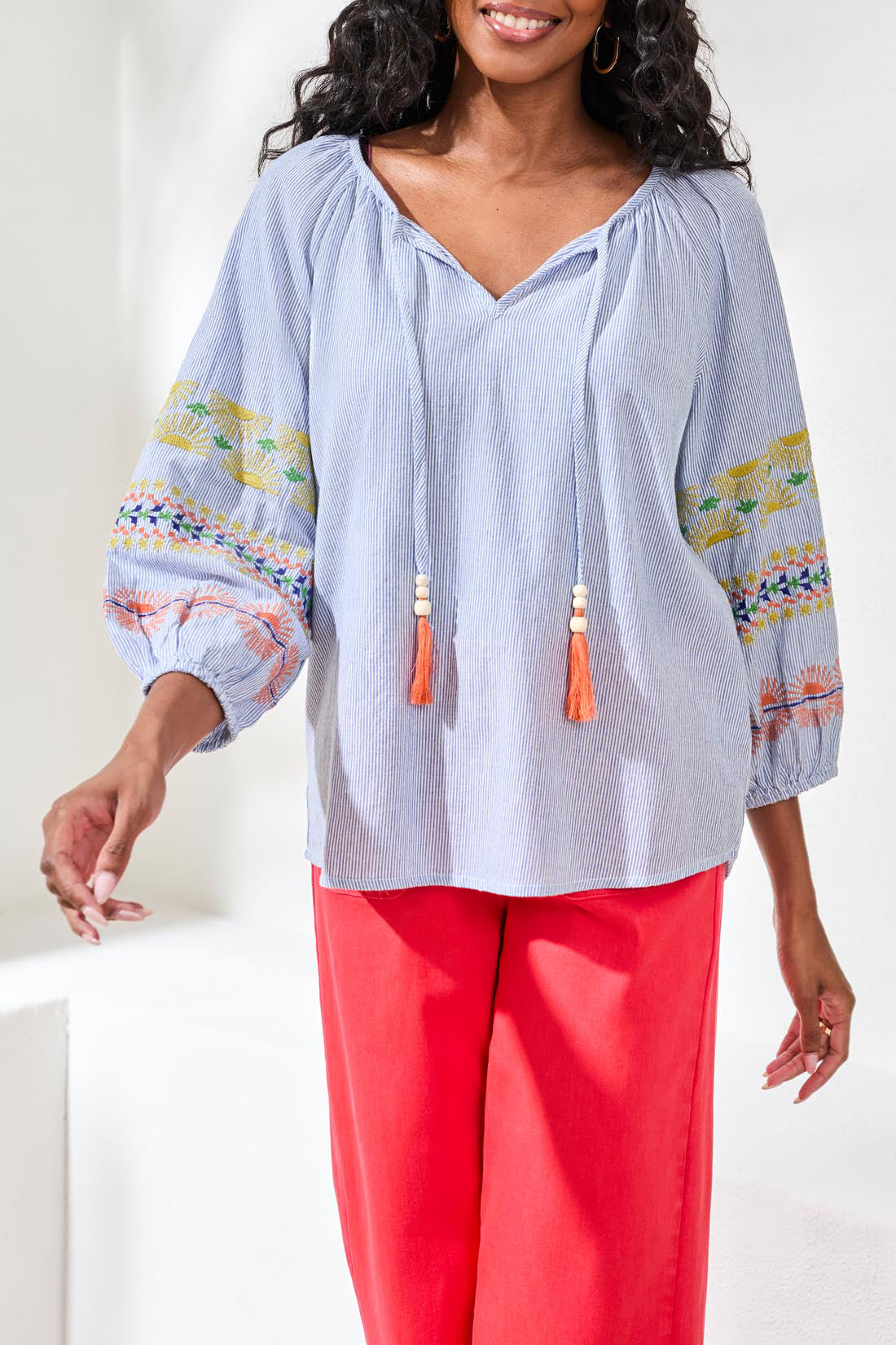 Embroidered Raglan Sleeve Tassel Tie Blouse Baja Blue