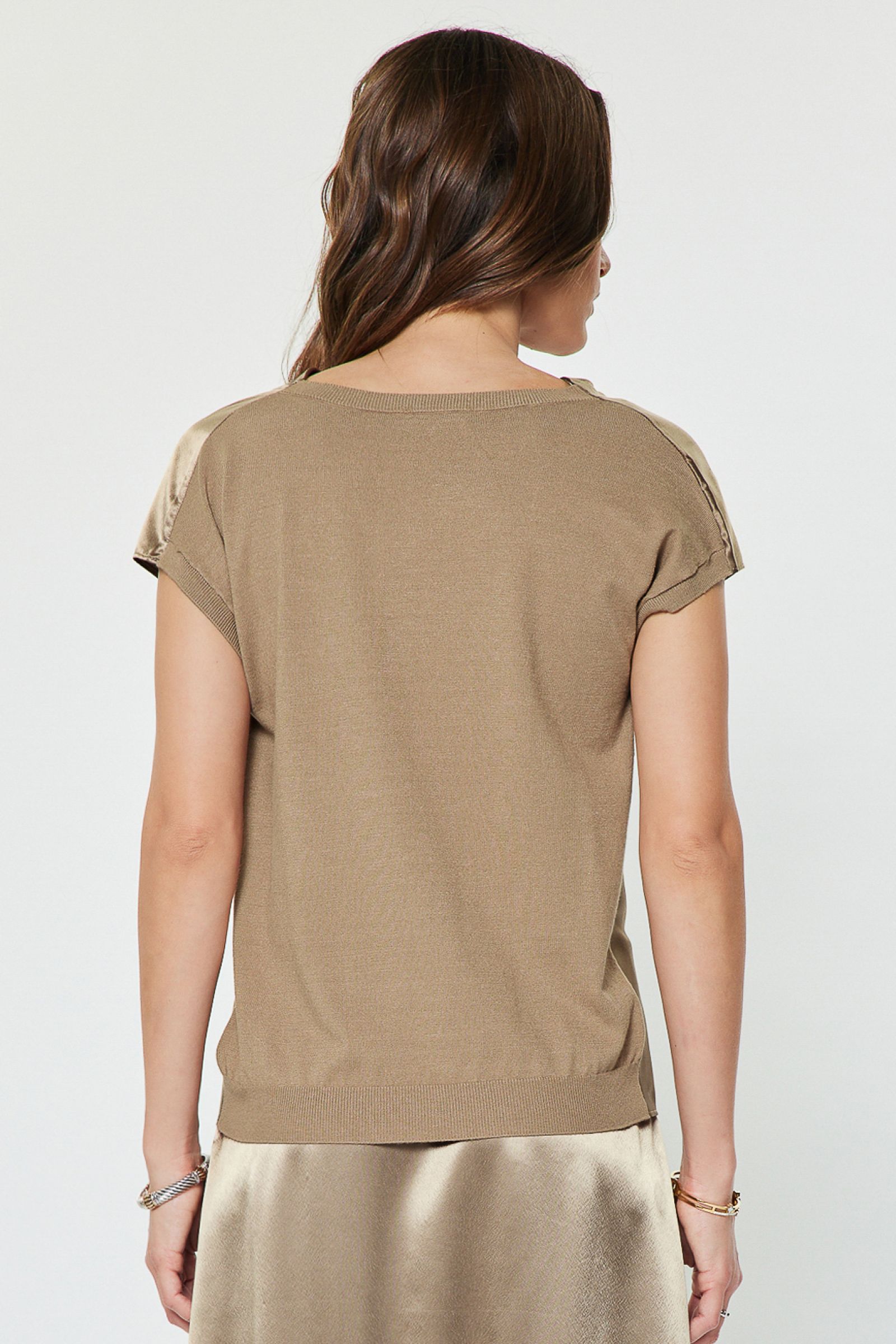 Solid Drape Neck Sweater Back Satin Top Ash Brown