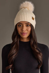 Solid Wide Ribbed Knit Pom Hat Cream