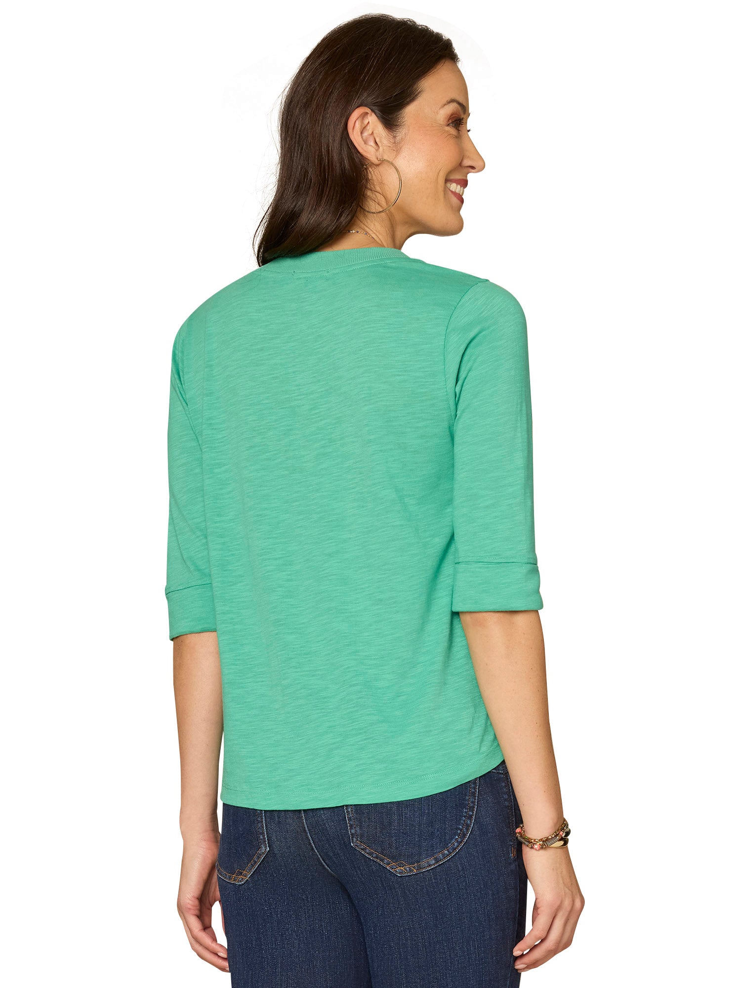 Elbow Roll Cuff Sleeve Split Neck Top Deep Jade