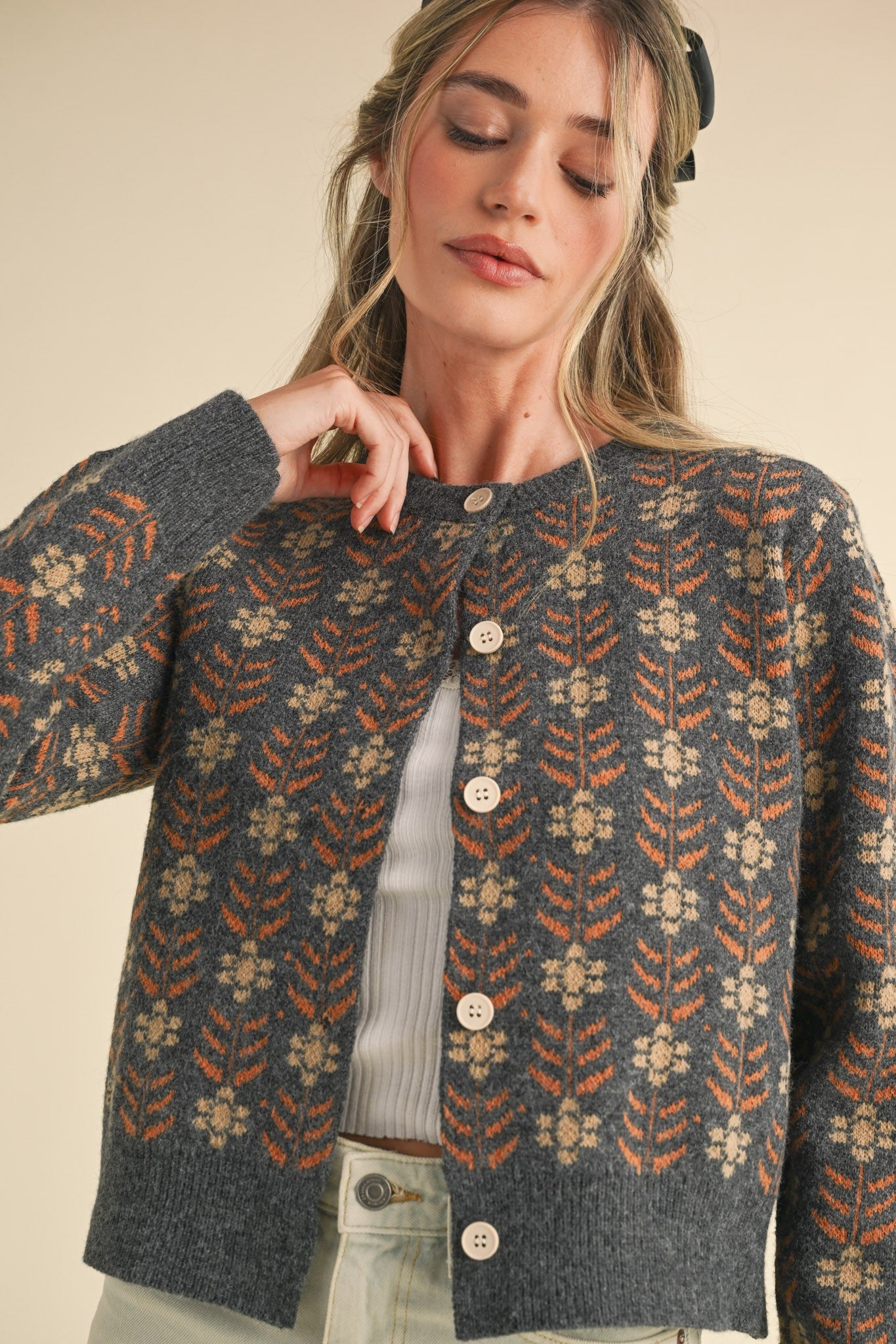Floral Jacquard Button up Sweater Cardi Charcoal