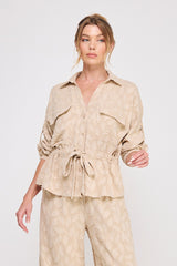 Jacquard Utility Tie Waist Top Taupe