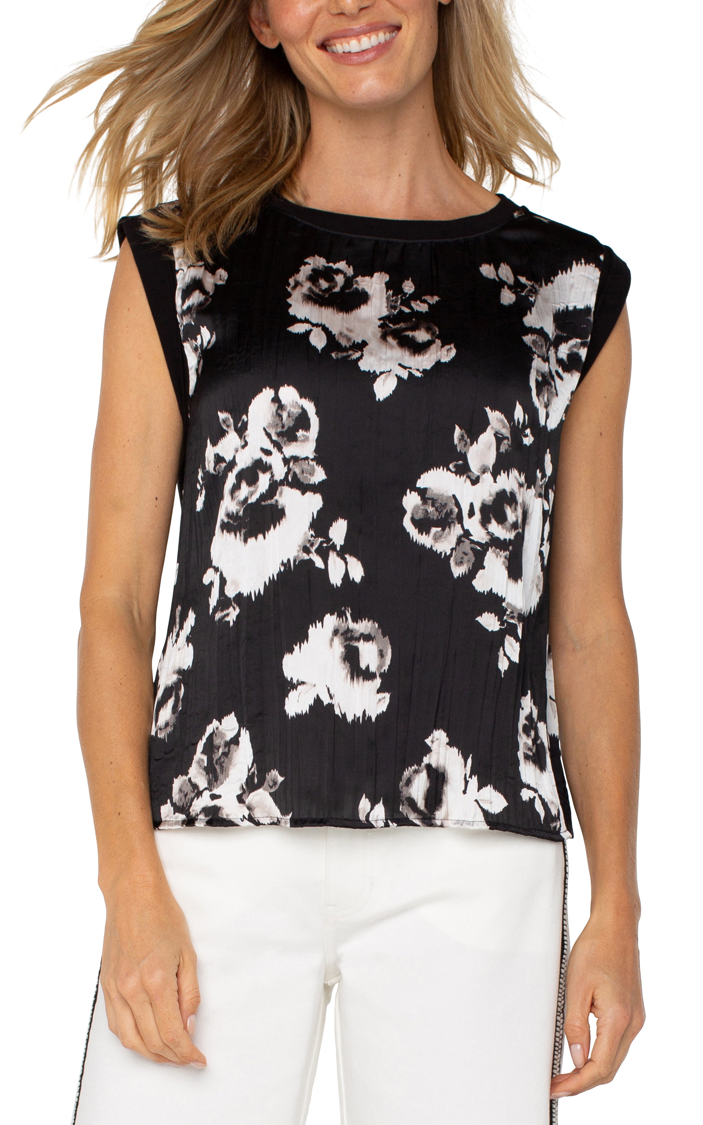 Sleeveless Contrast Trim Printed Top Black + White Floral