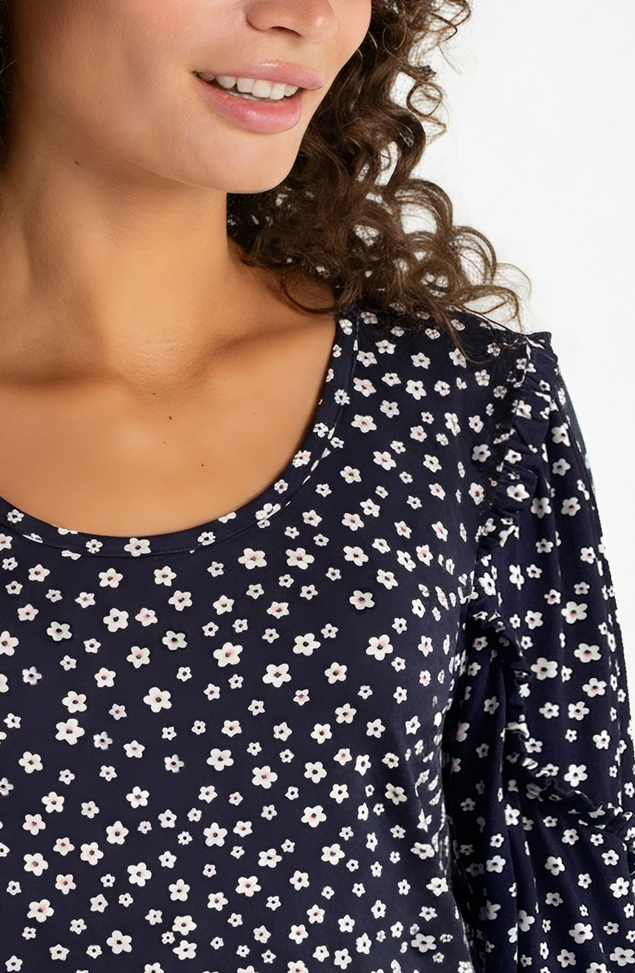 Ruffle Sleeve Printed Knit Top Navy + White Ditsy