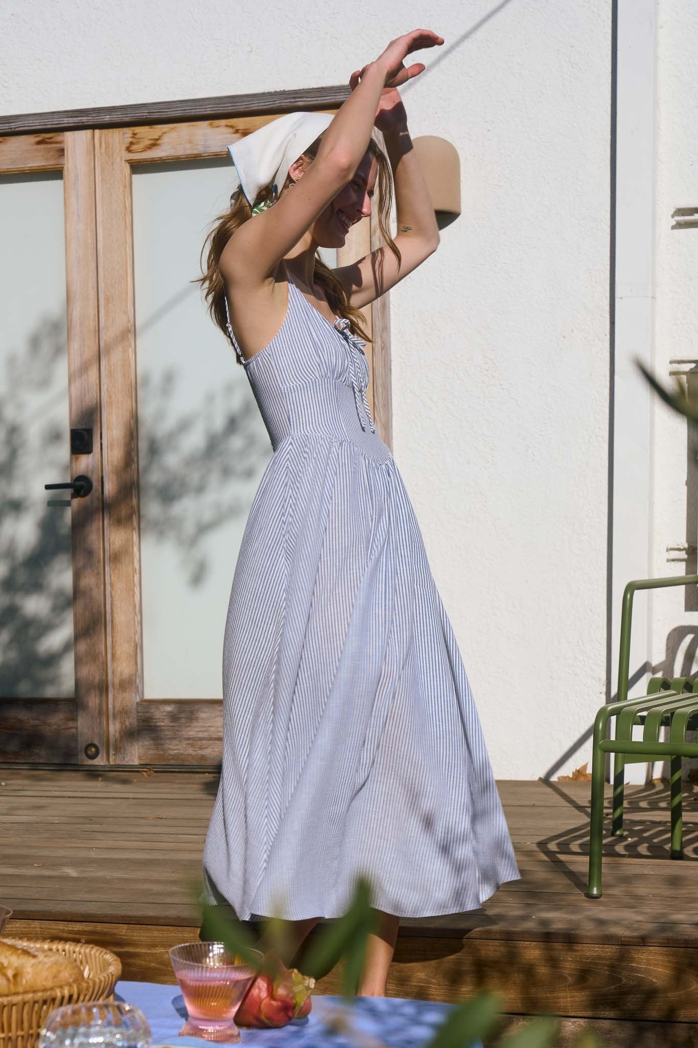 Stripe Sleeveless Corset Detail Midi Dress Navy