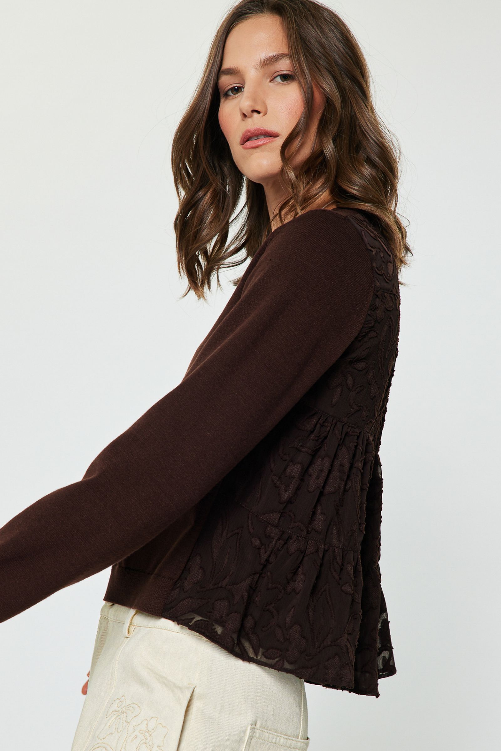 Knit Front Tonal Textured Back Top Brown