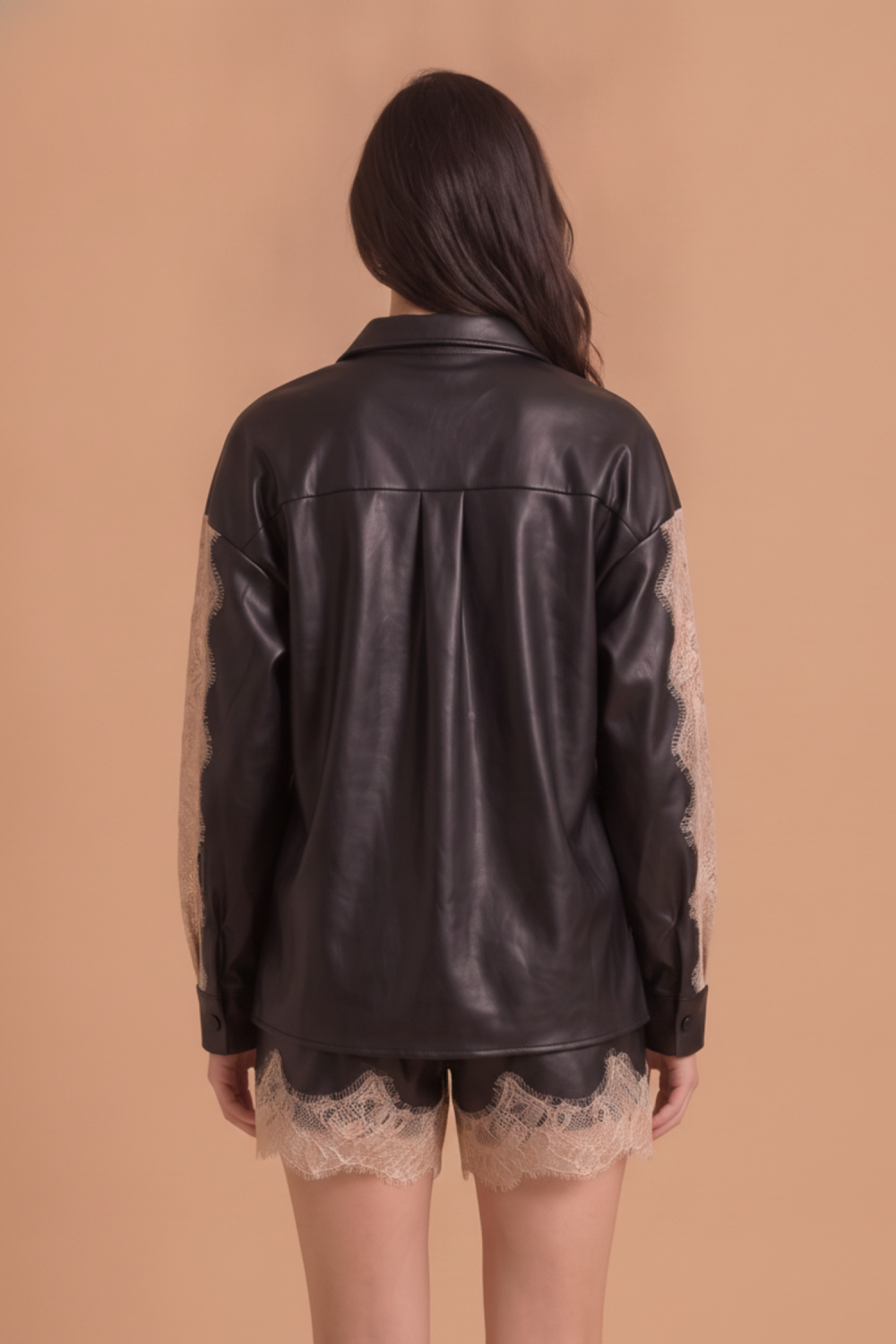 Lace Trim Leather Button Down Shirt Black