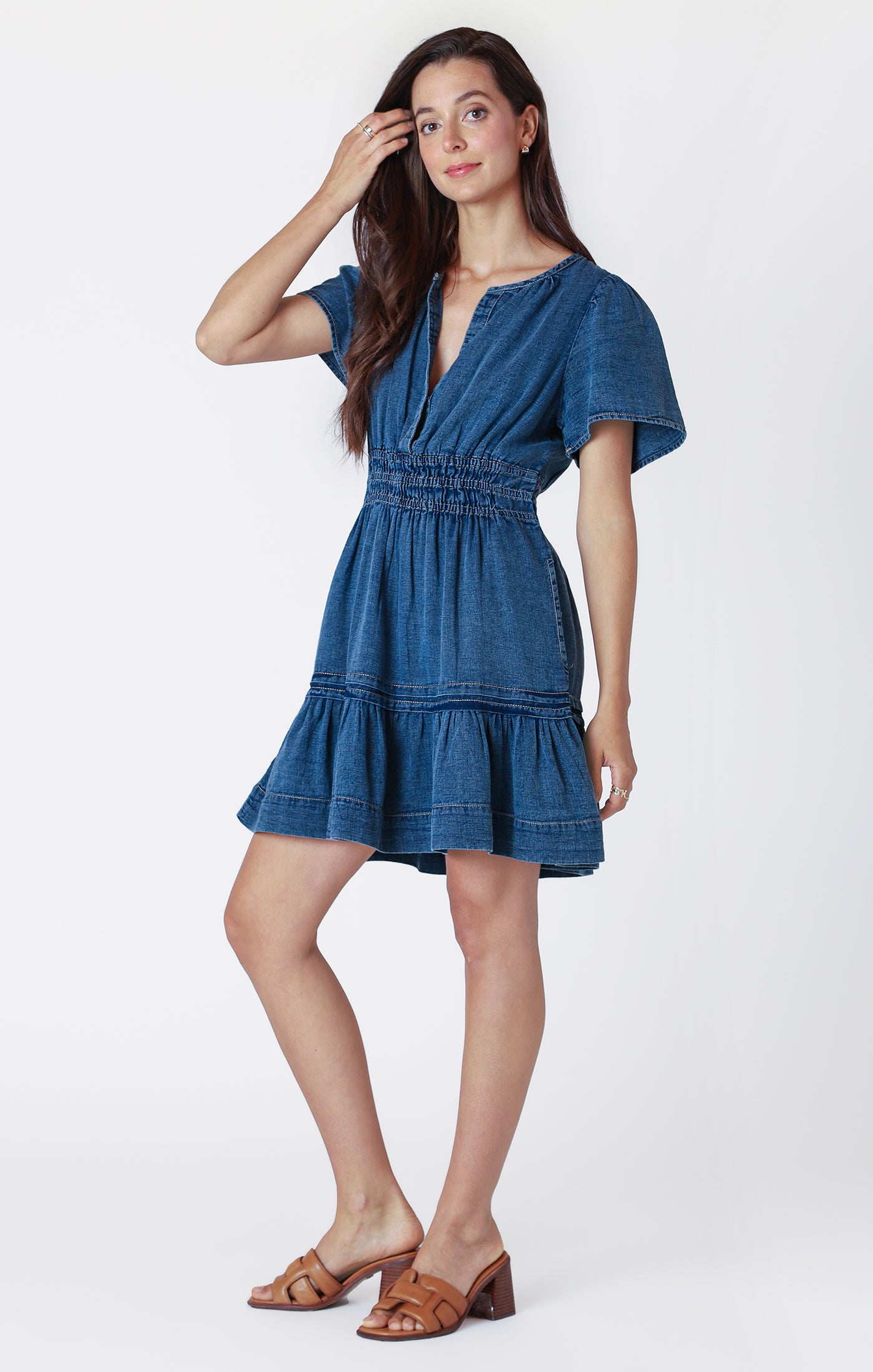 Tiered Denim Flutter Mini Dress Medium Indigo