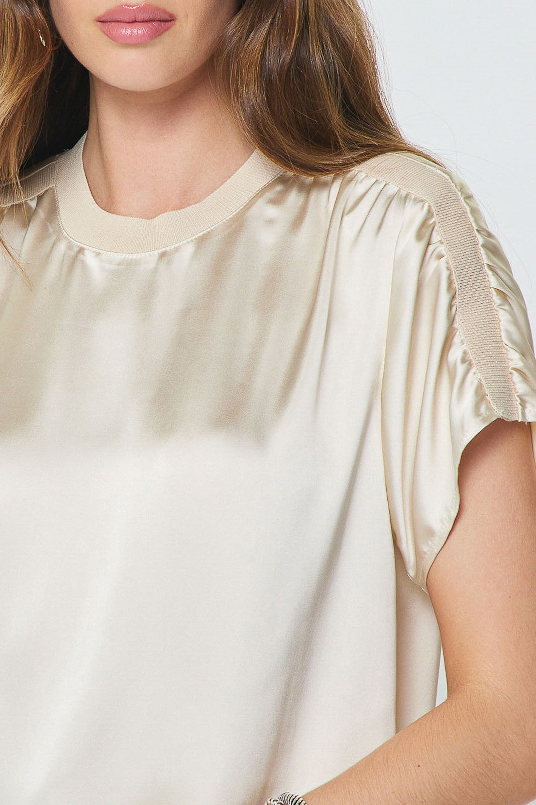 Gathered Shoulder Boxy Satin Top Ecru