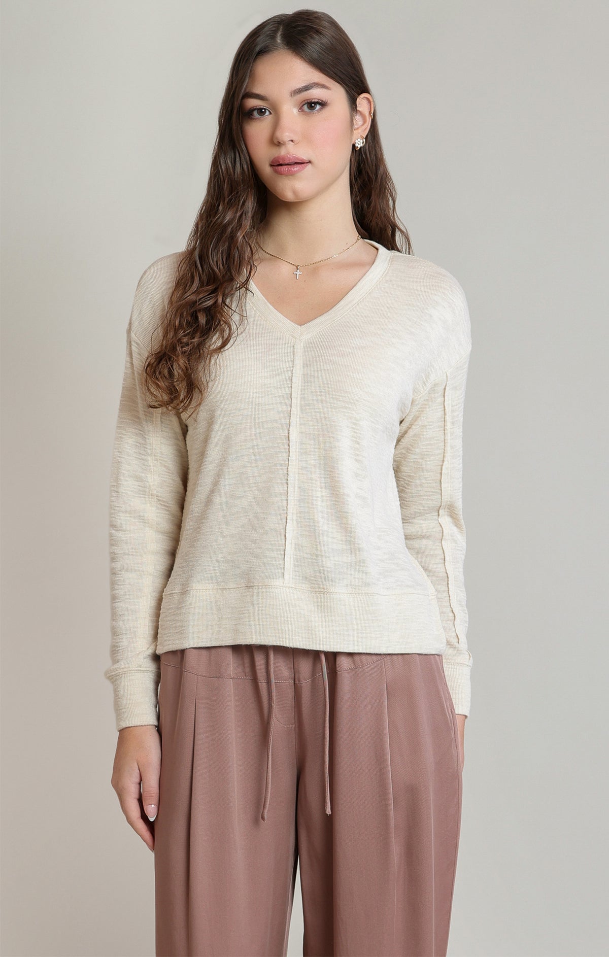 Exposed Seam Vneck Long Sleeve Top Shell