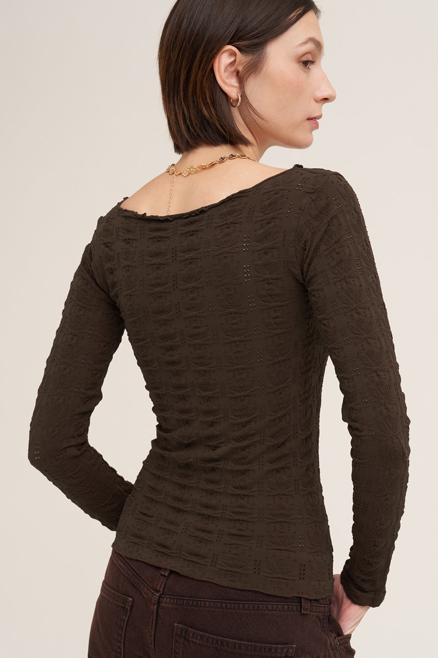 Floral Pointelle Lettuce Edge Long Sleeve Top Chocolate