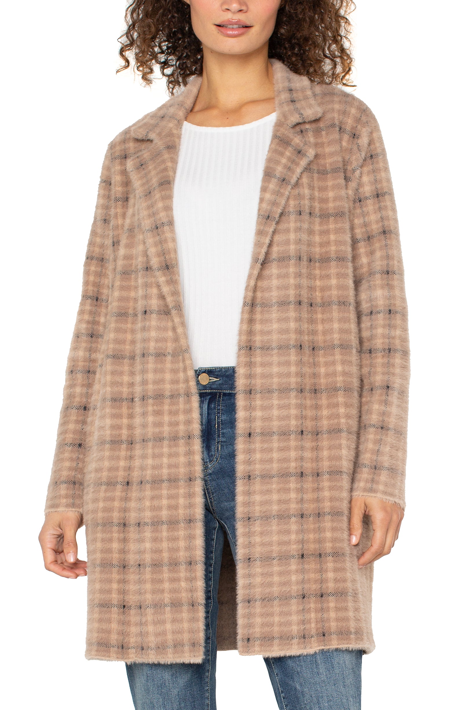 Long Sleeve Open Front Sweater Coat Camel Cream Plaid