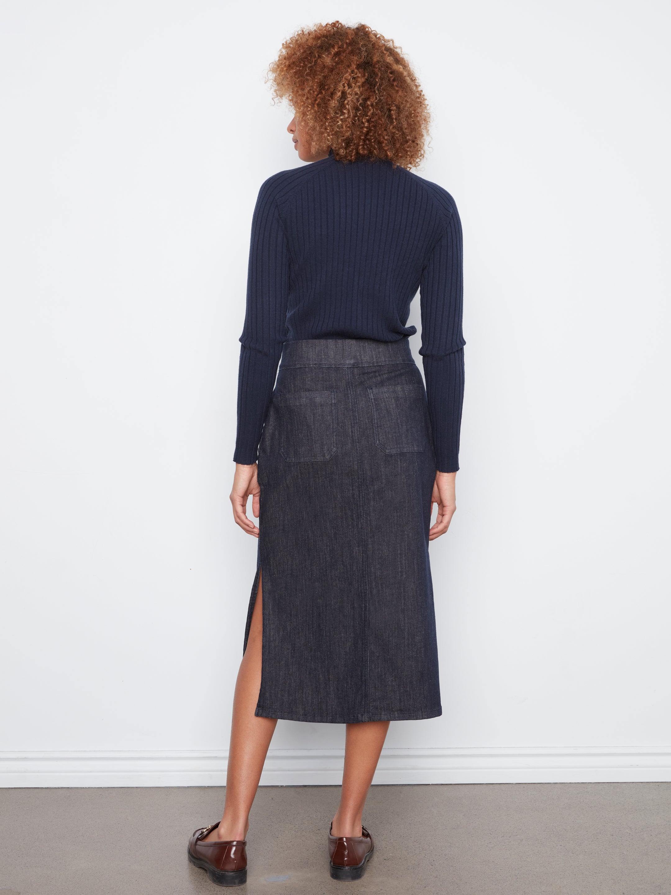 Pull On Patch Pocket Stretch Denim Midi Skirt Deep Blue