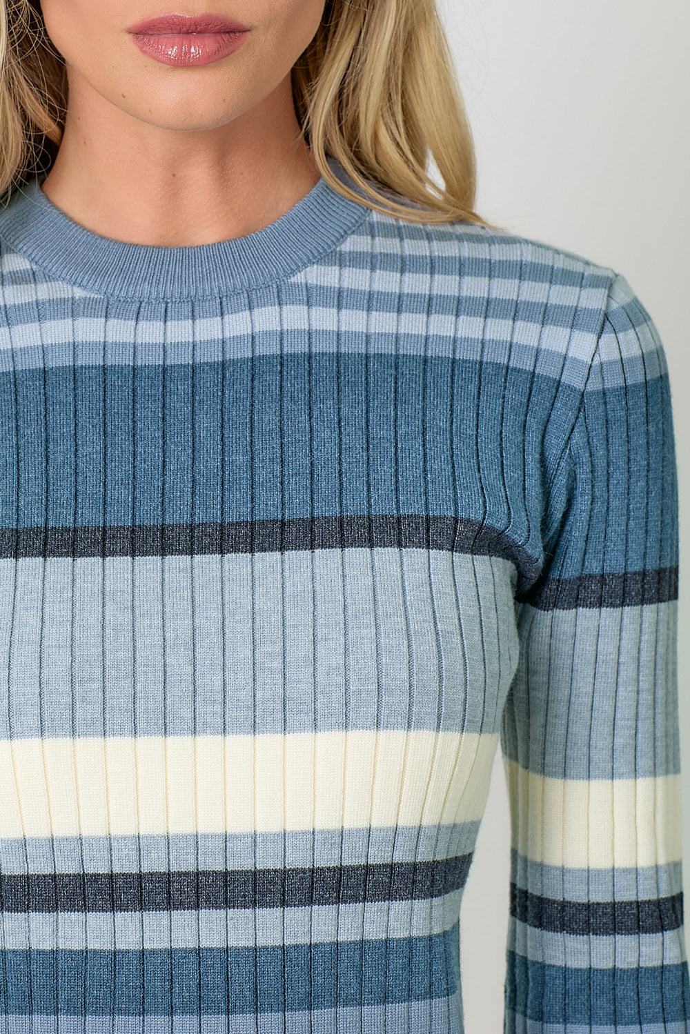 Colorblock Ribbed Stripe Sweater Top Blue + Grey