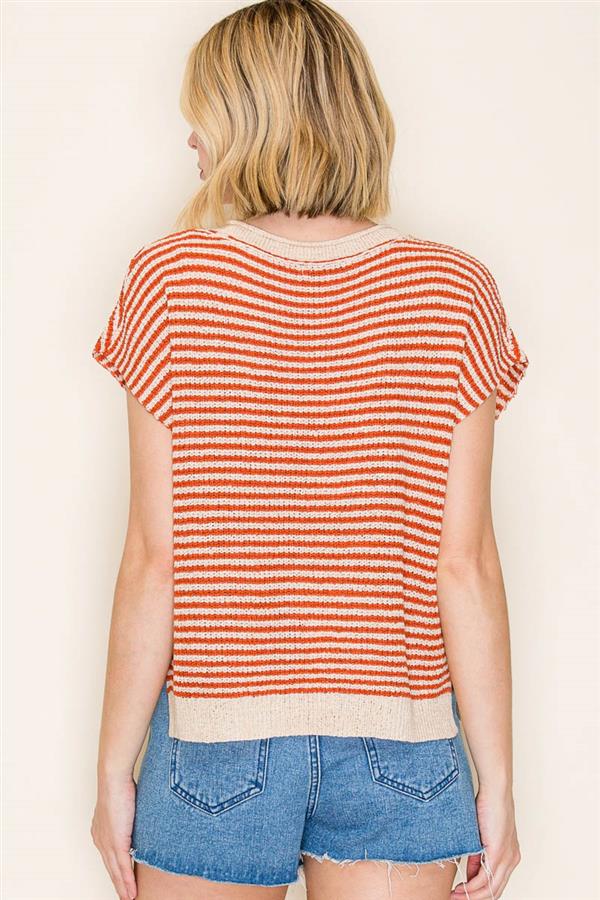 Split Neck Stitch Detail Striped Sweater Top Rust