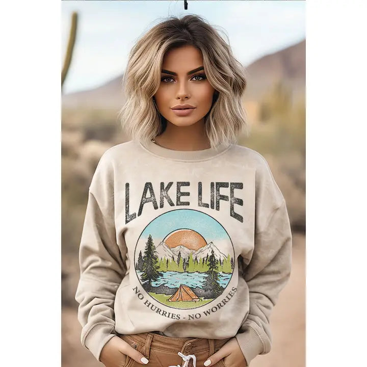 Lake Life Scene Graphic Mineral Sweatshirt Oatmeal