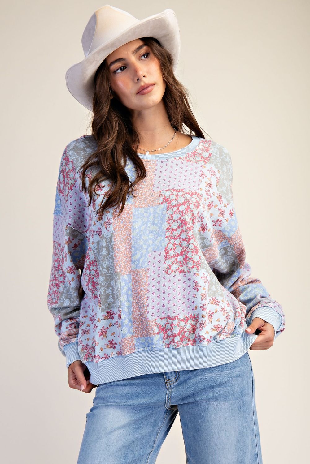 Floral Printed Washed Terry Pullover Peri Blue