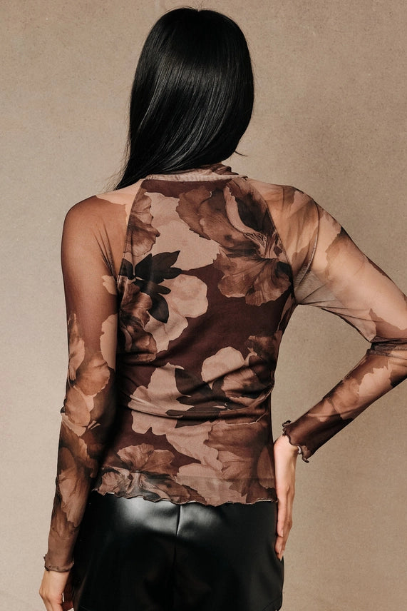Mock Neck Long Sleeve Mesh Top Brown Floral