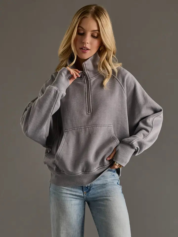 Cropped Funnel Neck 1/4 Zip Sweatshirt Gray