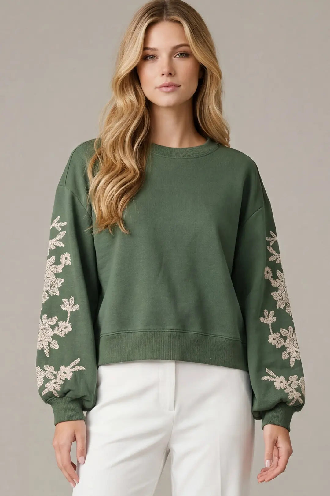 Embroidered Sleeve Scuba Sweatshirt Olive