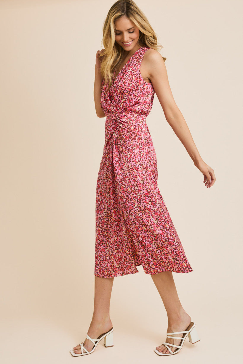 Sleeveless Shoulder Shirred Waist Abstract Print Midi Dress Brown Pink Floral