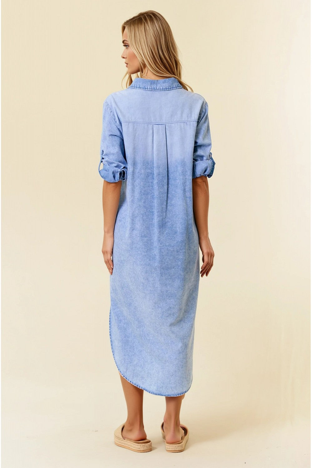 Roll Tab 3/4 Sleeve Tencel Denim Midi Shirt Dress Light Denim