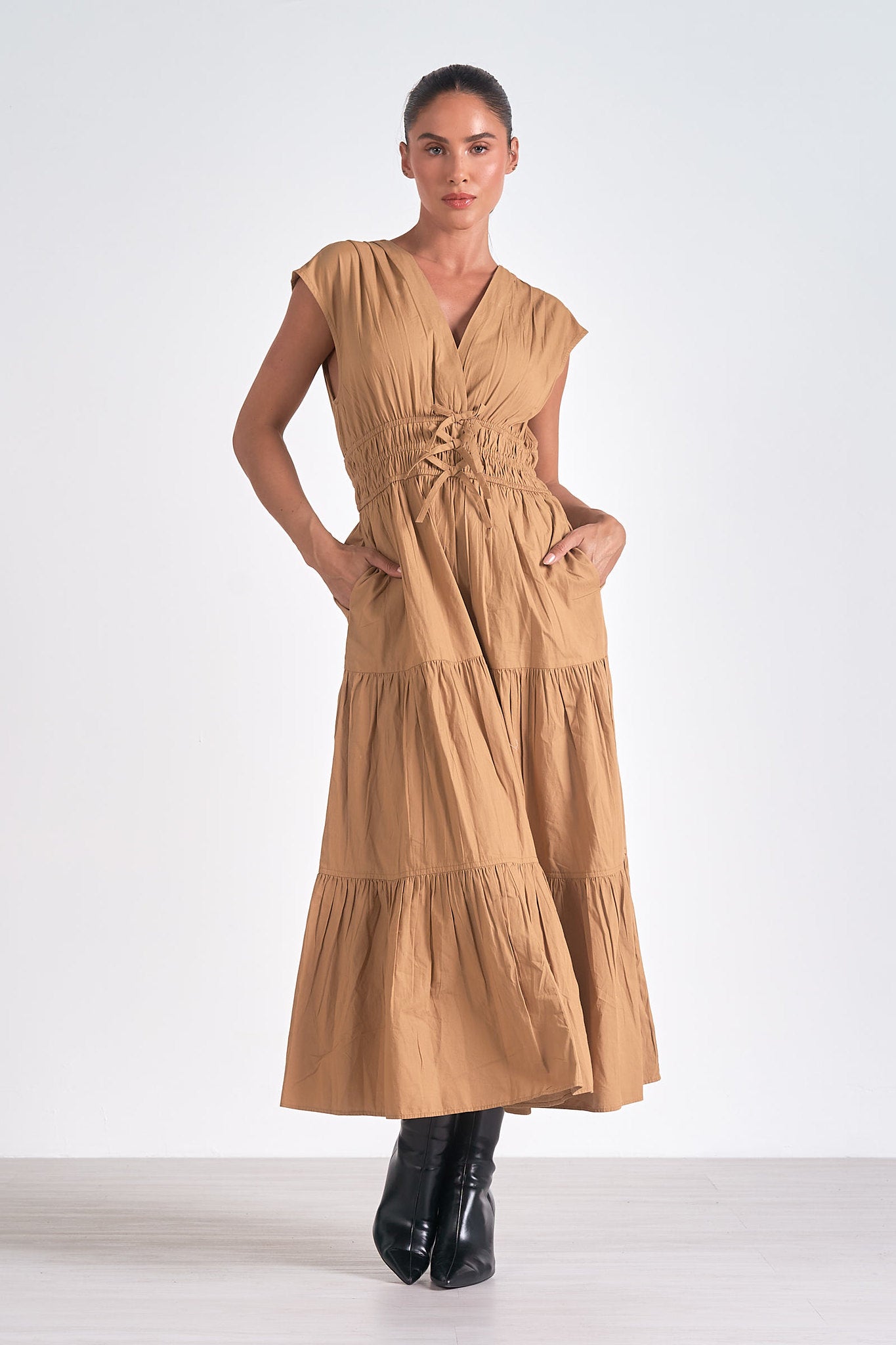Triple Bow Waist Detail Cap Shoulder Midi Dress Taupe