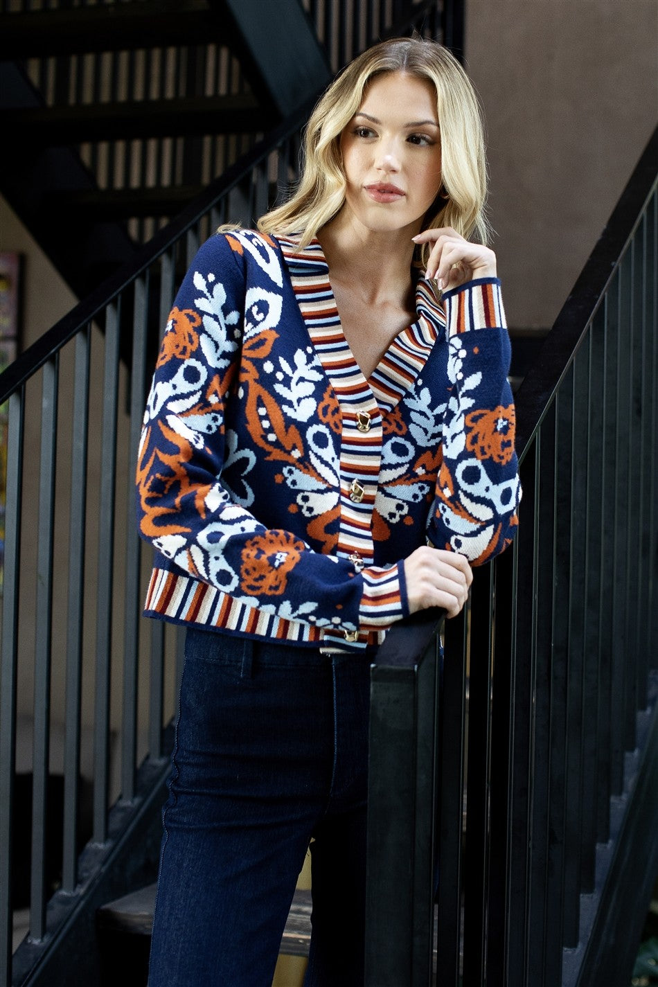 Floral Vneck Gold Button Cardigan Navy
