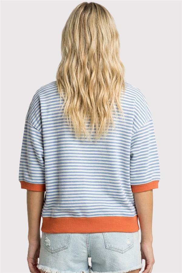 Contrast Band Elbow Sleeve Striped Sweatshirt Top Peach + Blue