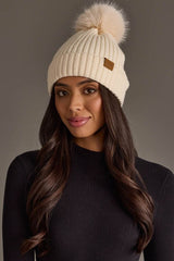 Solid Wide Ribbed Knit Pom Hat Cream