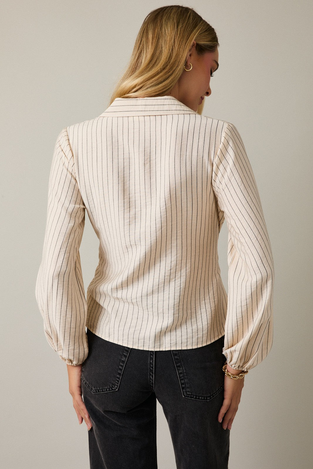 Long Sleeve Waist Tie Button Up Stripe Shirt Cream + Black
