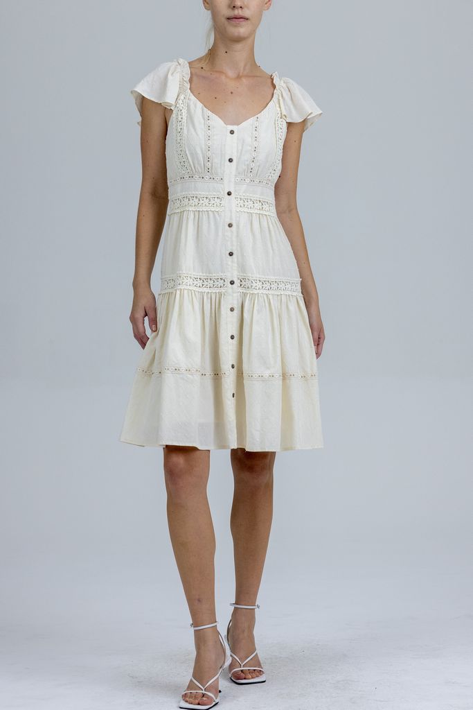 Eyelet Detail Flutter Sleeve Buttoned Dress Natural