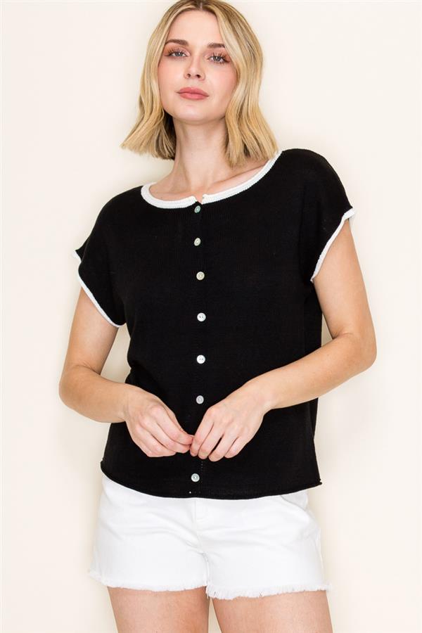 Button Detail Contrast Raw Edge Sweater Top Black