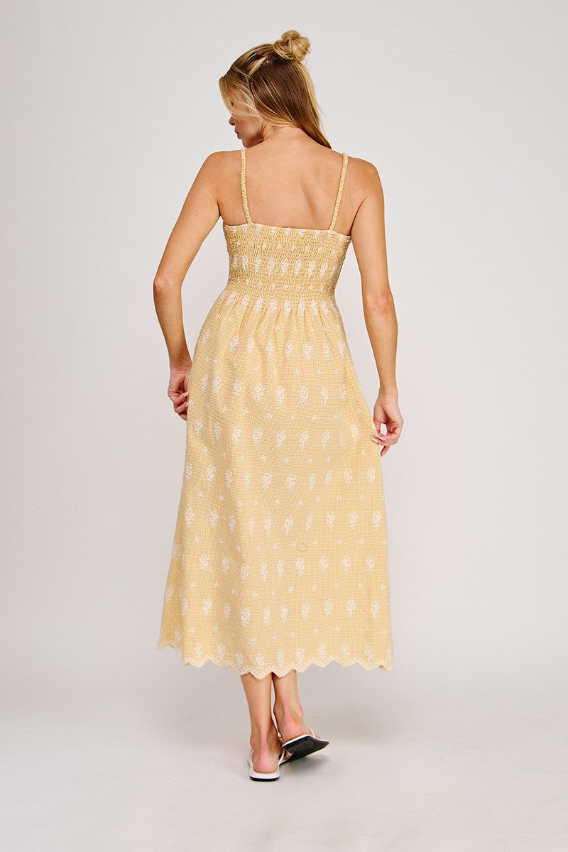 Embroidered Floral Gingham Smocked Maxi Dress Yellow